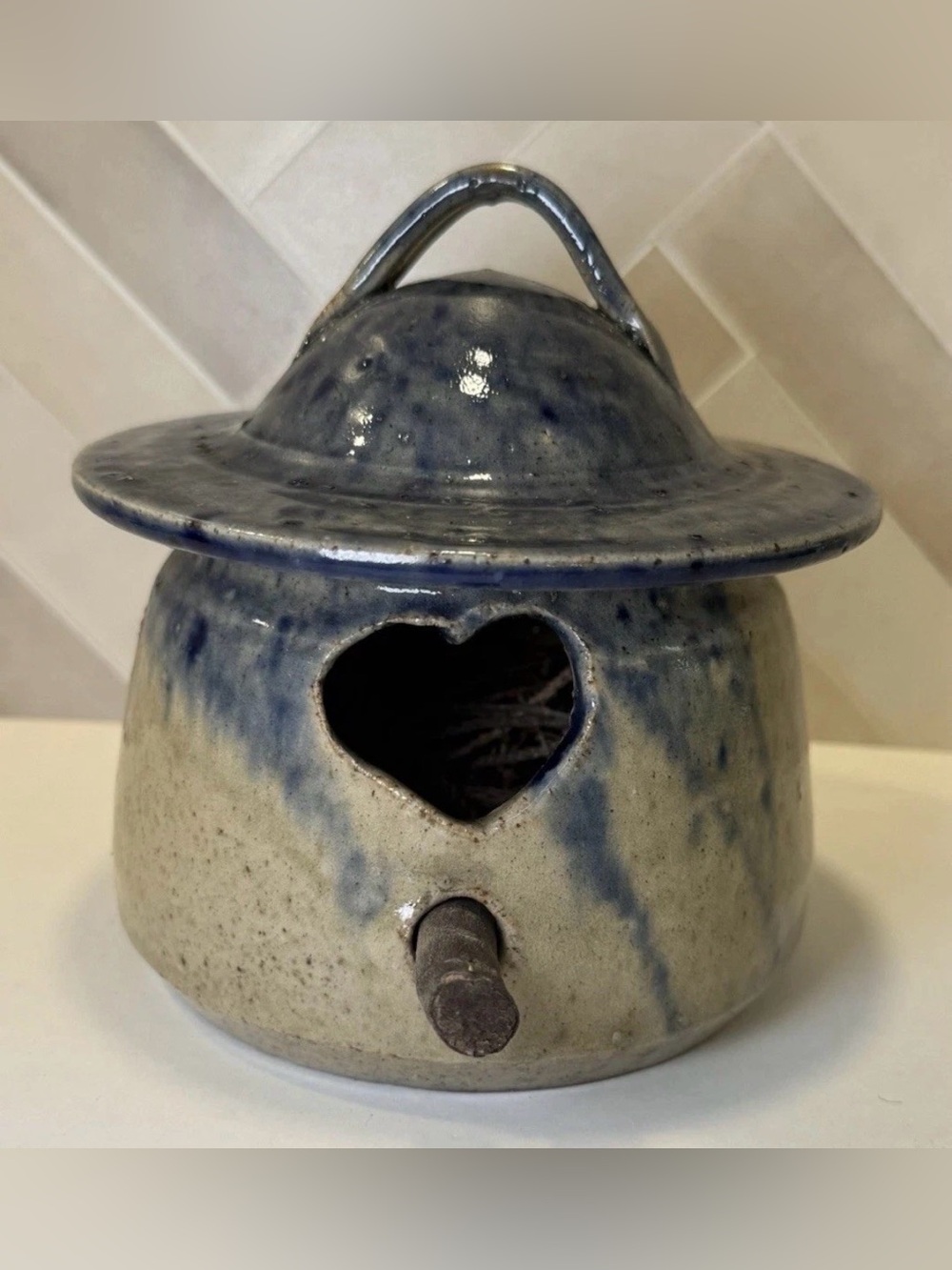 VTG Handmade Studio Art Pottery Hanging
Birdhouse Tan Cobalt Drip Signed 1986